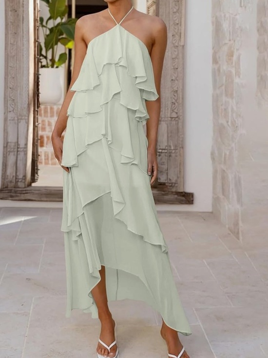 Dresses & Skirts - Sleeveless Ruffle Halter Midi Dress - Light Sage